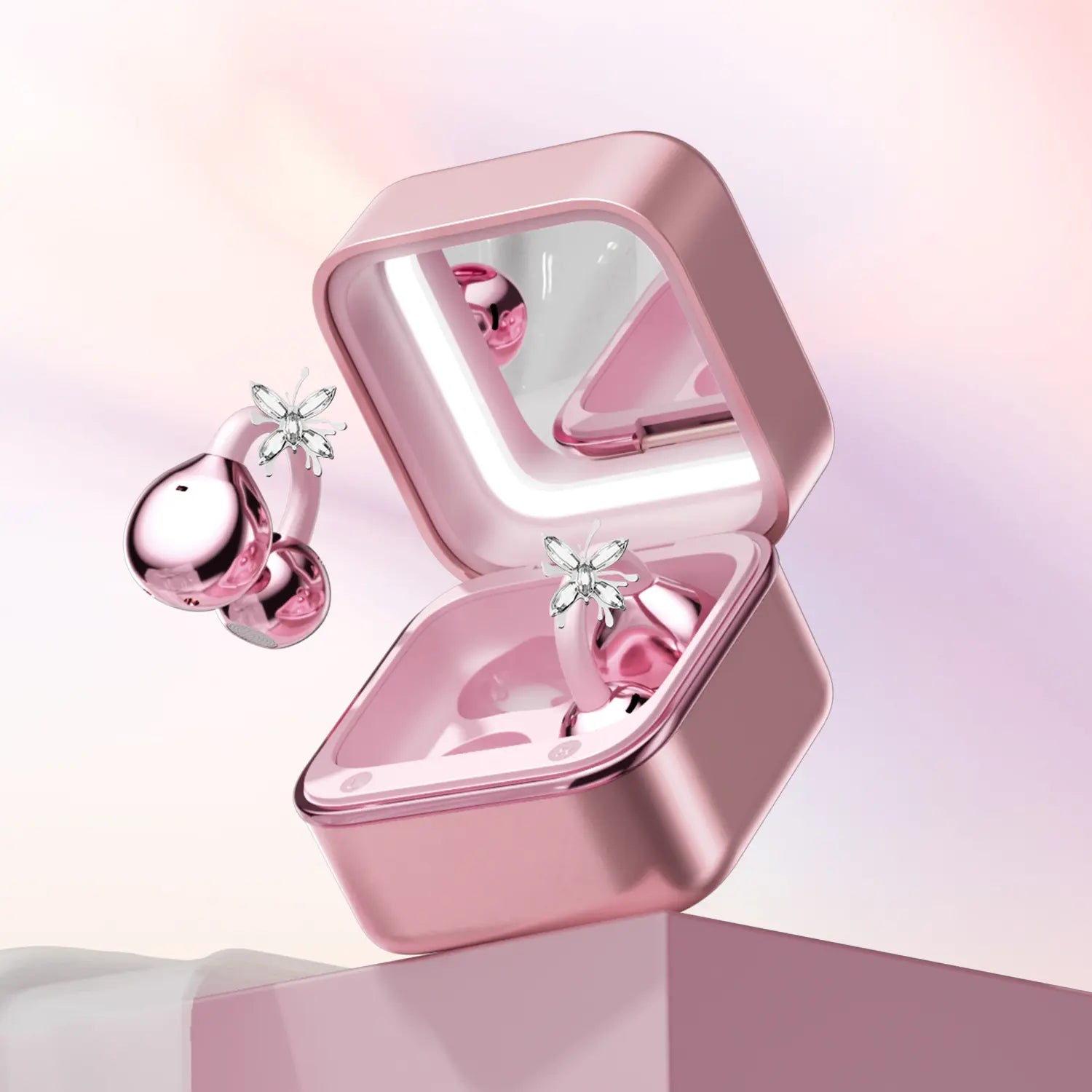 CHENRUIDA Mini Square Wireless Bluetooth Earphones Features a Built-In Makeup Mirror and Fill Light, Portable Makeup Tool, 360° Panoramic Sound Effect + Active Noise Cancellation, Soft Silicone Ear Tips for Comfortable Wear, and Extra-Long Battery Life.