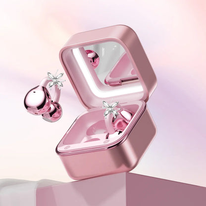 CHENRUIDA Mini Square Wireless Bluetooth Earphones Features a Built-In Makeup Mirror and Fill Light, Portable Makeup Tool, 360° Panoramic Sound Effect + Active Noise Cancellation, Soft Silicone Ear Tips for Comfortable Wear, and Extra-Long Battery Life.