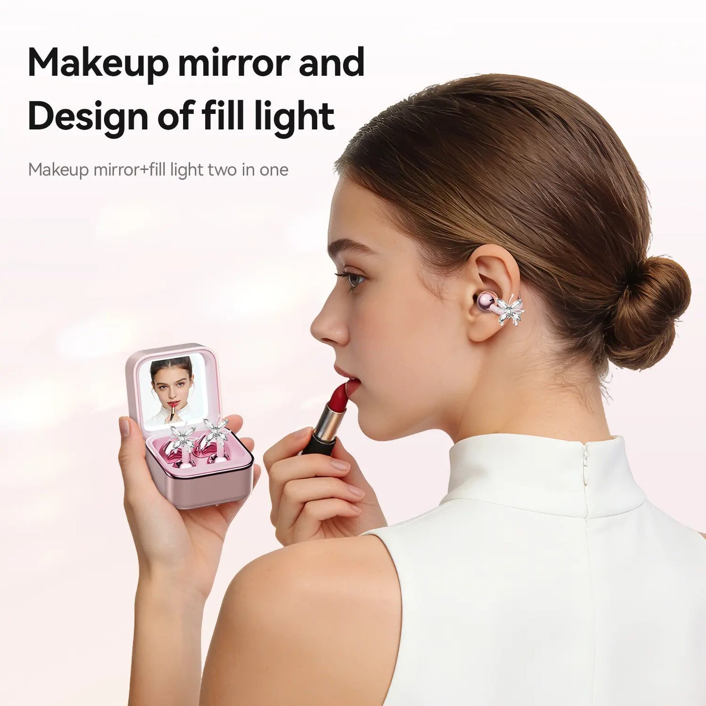 CHENRUIDA Mini Square Wireless Bluetooth Earphones Features a Built-In Makeup Mirror and Fill Light, Portable Makeup Tool, 360° Panoramic Sound Effect + Active Noise Cancellation, Soft Silicone Ear Tips for Comfortable Wear, and Extra-Long Battery Life.