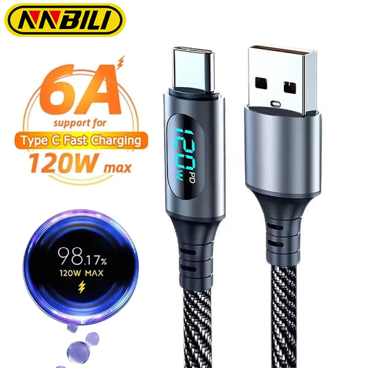 Super Fast Charge Cable Type C 120W Nylon Data Cord for Huawei POCO Samsung with Led Digital Display Cable