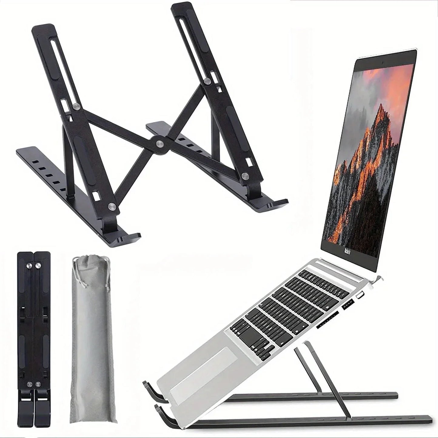 Adjustable Aluminum Laptop Stand with 6 Height Levels, Foldable and Portable Design for 8-16” Laptops, Enhanced Ventilation and Heat Dissipation