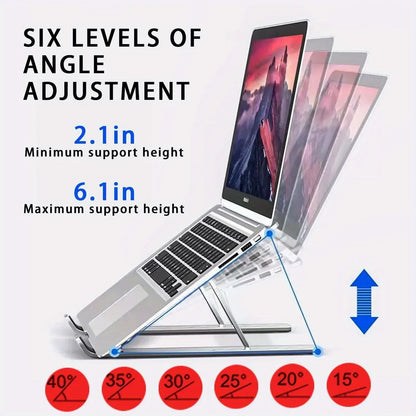 Adjustable Aluminum Laptop Stand with 6 Height Levels, Foldable and Portable Design for 8-16” Laptops, Enhanced Ventilation and Heat Dissipation