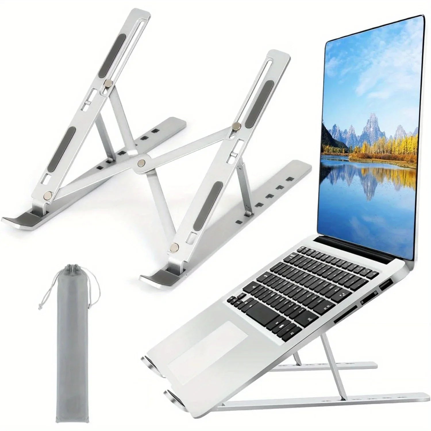 Adjustable Aluminum Laptop Stand with 6 Height Levels, Foldable and Portable Design for 8-16” Laptops, Enhanced Ventilation and Heat Dissipation