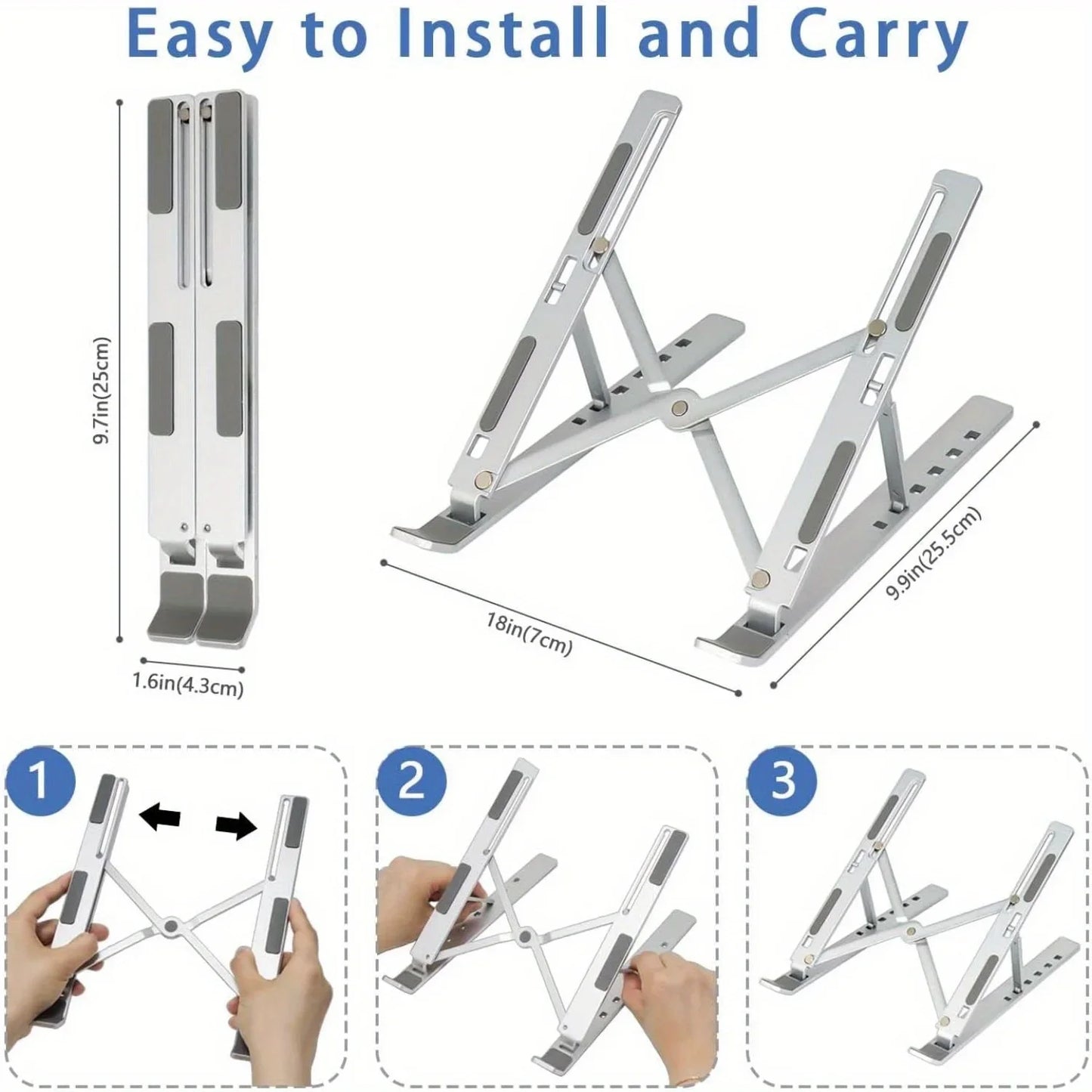 Adjustable Aluminum Laptop Stand with 6 Height Levels, Foldable and Portable Design for 8-16” Laptops, Enhanced Ventilation and Heat Dissipation